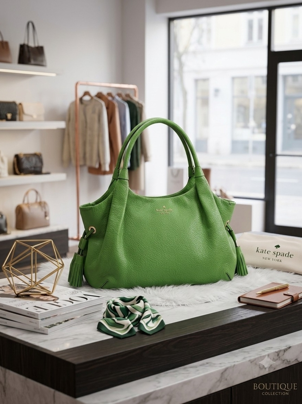 kate spade green leather shoulder bag with tassel accents
